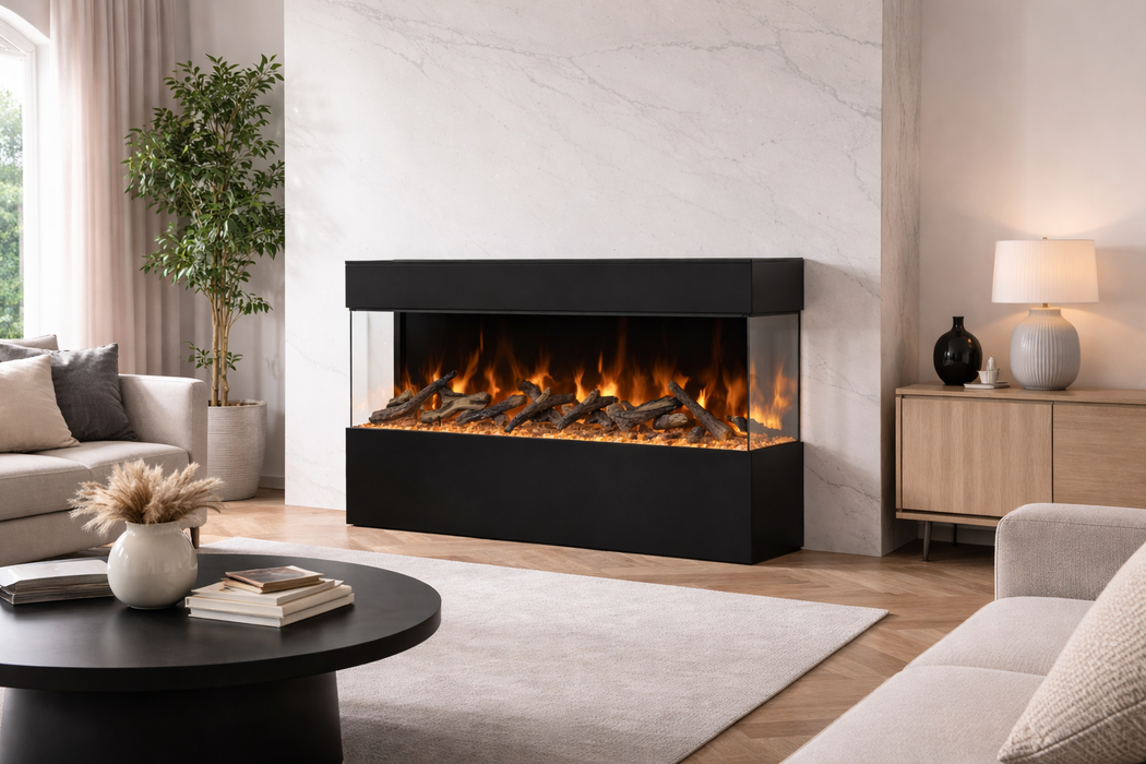 Amantii Black Contemporary Pedestal Display With Storage Compartment for TruView Bespoke Fireplace