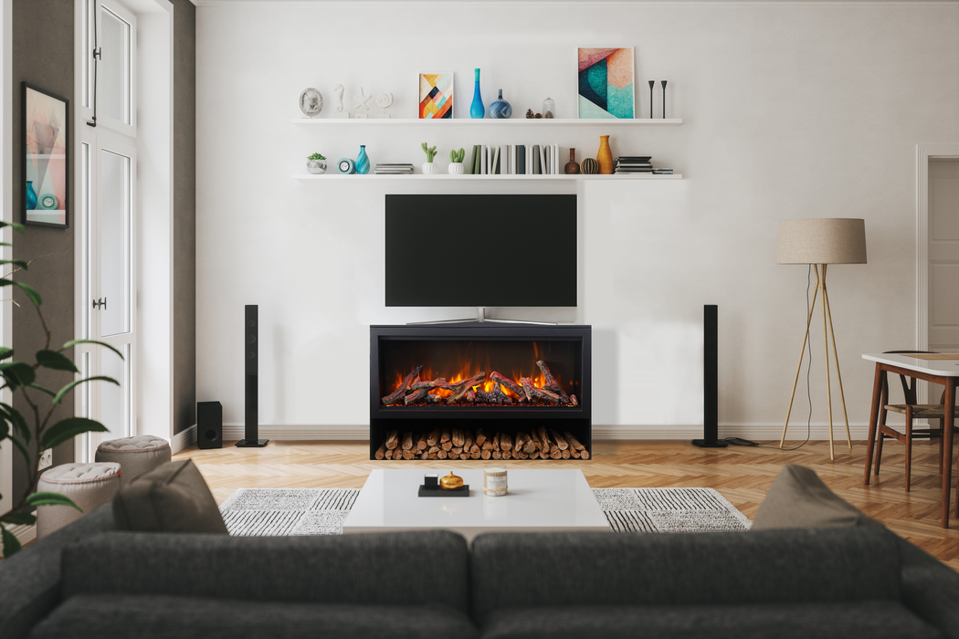 in the image a Amantii Black Contemporary Pedestal Display with Storage Compartment
