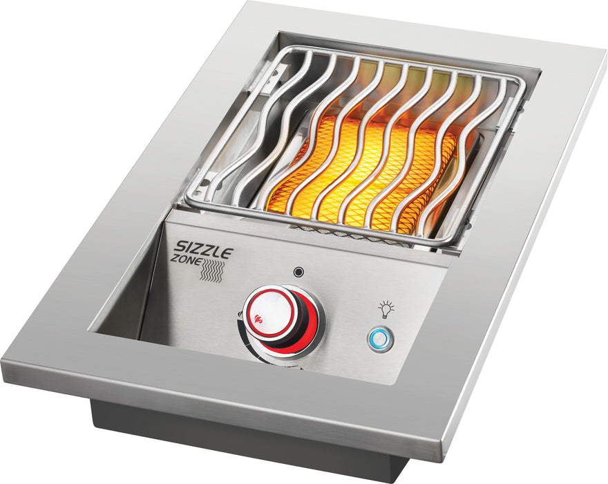 Built-in 700 Series 10" Single Infrared Drop-In Burner with Stainless Steel Cover – with burners, angled view, flame on