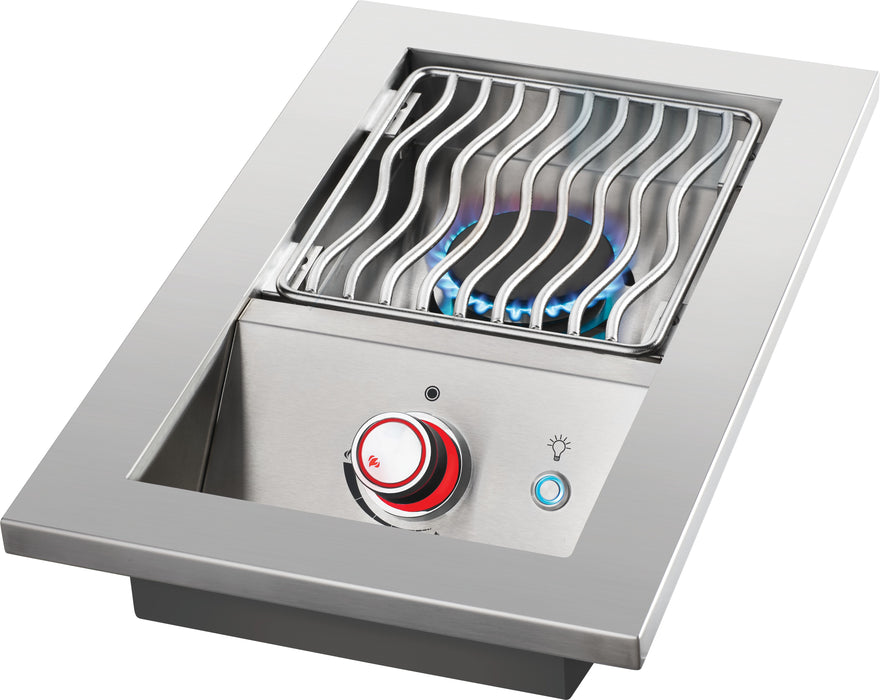 Built-in 700 Series 10" Single Range Drop-In Burner with Stainless Steel Cover – with burners, angled view, flame on