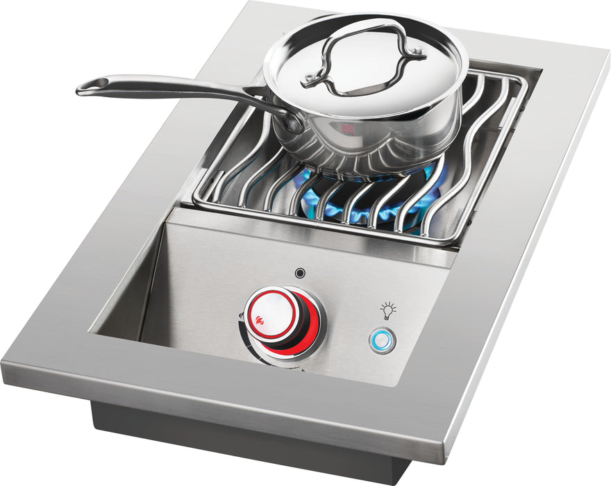 Built-in 700 Series 10" Single Range Drop-In Burner with Stainless Steel Cover – in use, with burners, angled view