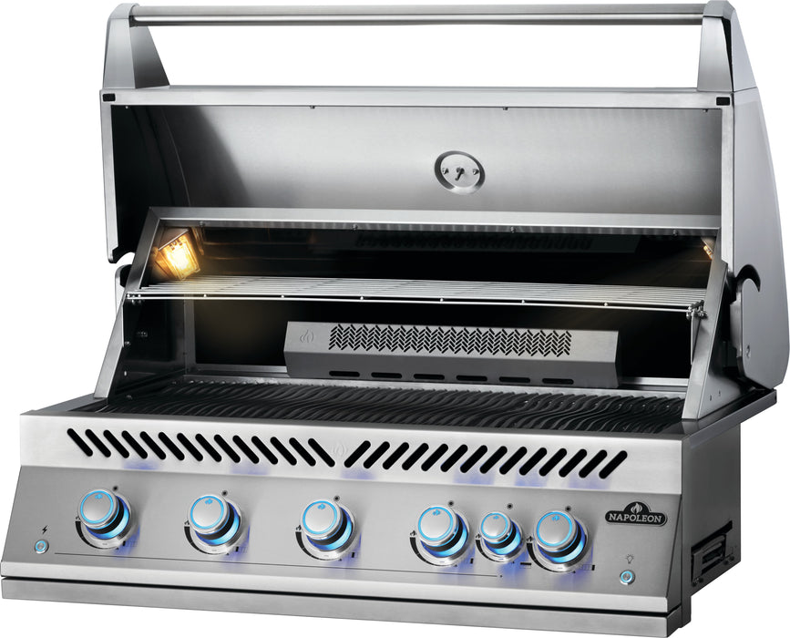 700 Series 38" Built-in Gas Grill with Infrared Rear Burner – angled view, lid open with warming rack