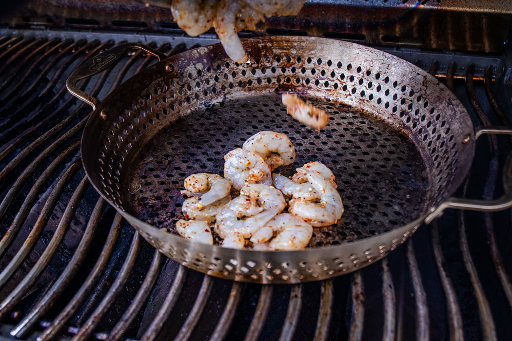 56027 Stainless Steel Grilling Wok – in use, with shrimp