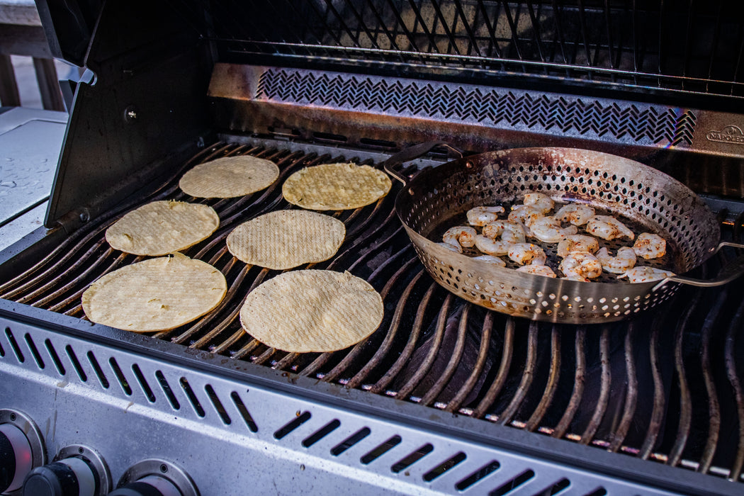 56027 Stainless Steel Grilling Wok – in use, with shrimp, view 2