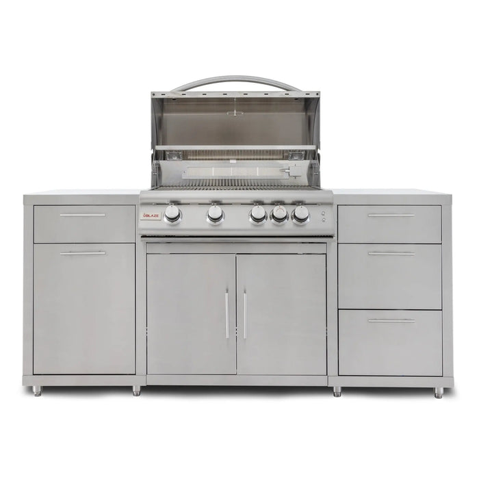 Blaze 72" stainless steel BBQ island with a 32" 4-burner gas grill, front view with the grill hood open