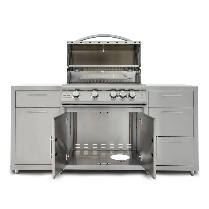 Blaze 72" stainless steel BBQ island with a 32" 4-burner gas grill, center doors open showing the cabinet interior