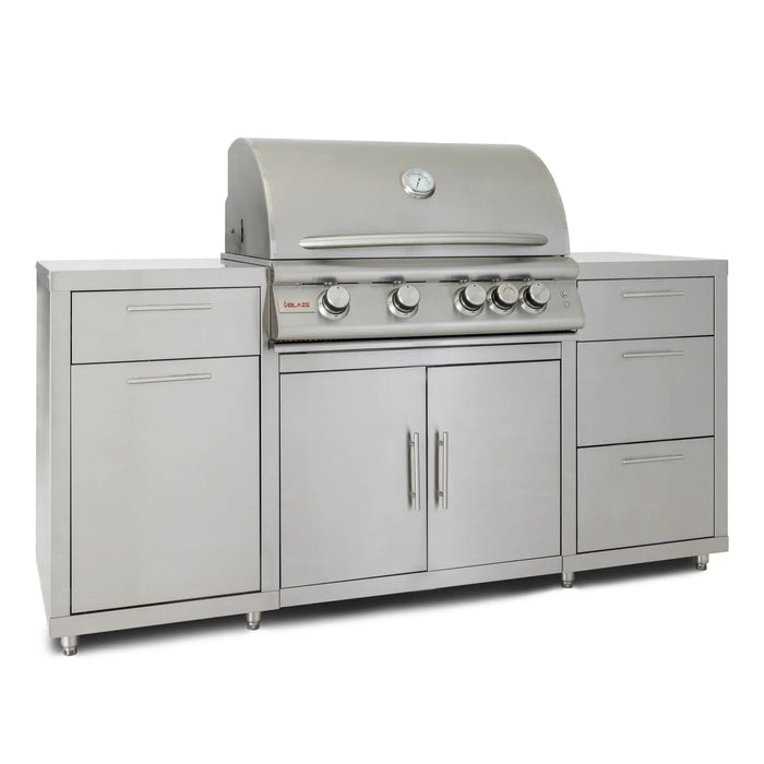 Blaze 72" stainless steel BBQ island with a 32" 4-burner gas grill, angled view with the hood closed
