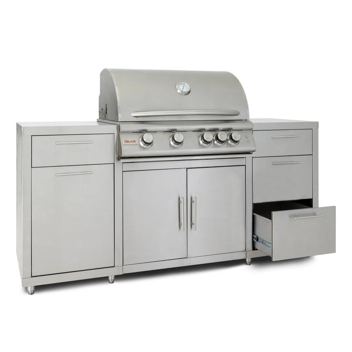Blaze 72" stainless steel BBQ island with a 32" 4-burner gas grill, lower right drawer open