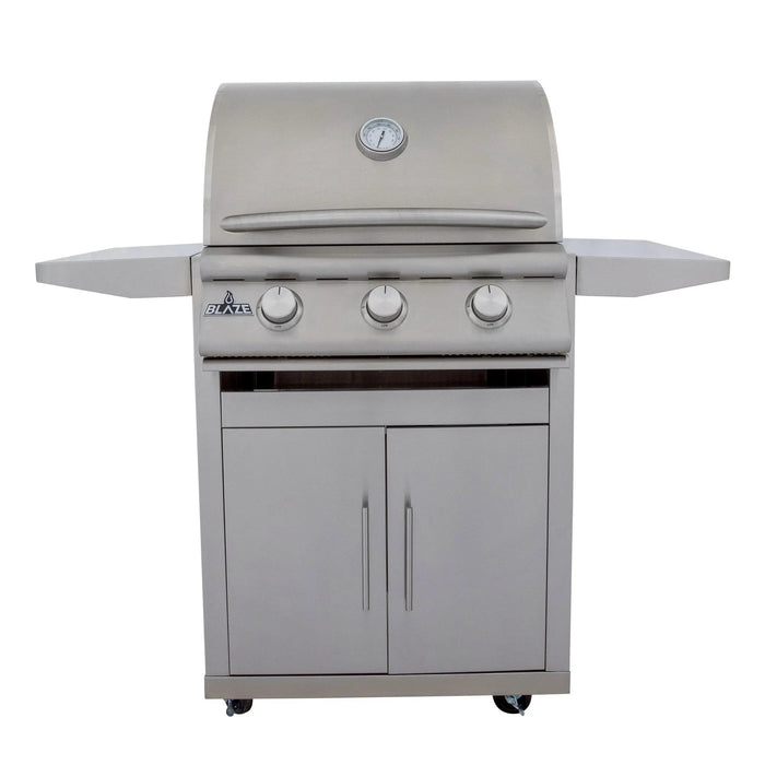 Blaze BCM 25" 3-burner freestanding gas grill on its cart, front view with the hood closed