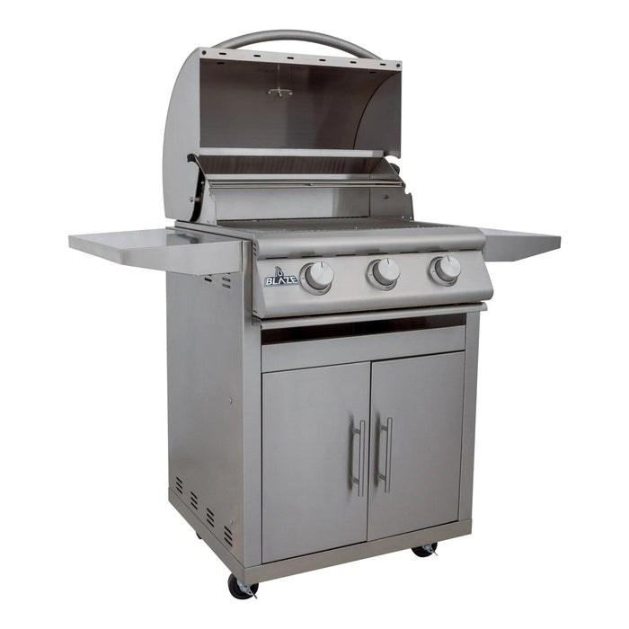 Blaze BCM 25" 3-burner freestanding gas grill on its cart, angled view with the hood open