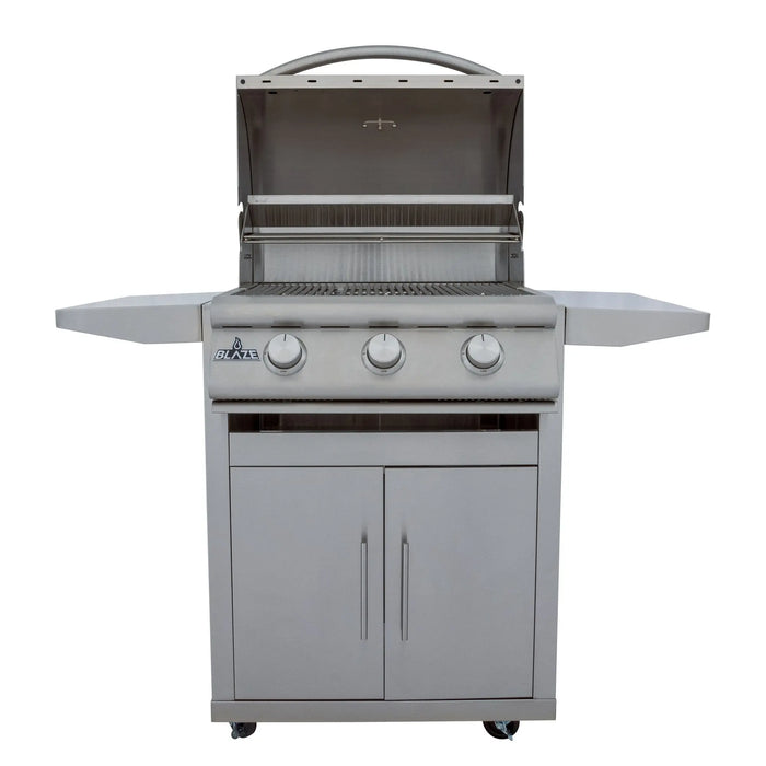 Blaze BCM 25" 3-burner freestanding gas grill on its cart, front view with the hood open