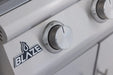 Blaze BCM 25" grill control knob and Blaze logo badge, close-up