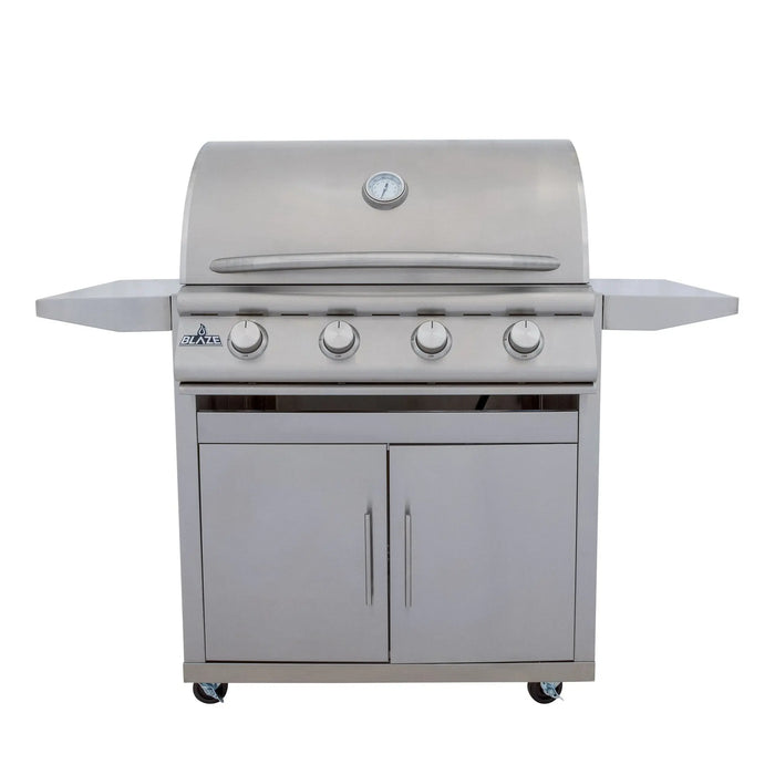 Blaze BCM 32" 4-burner freestanding gas grill on its cart, front view with the hood closed
