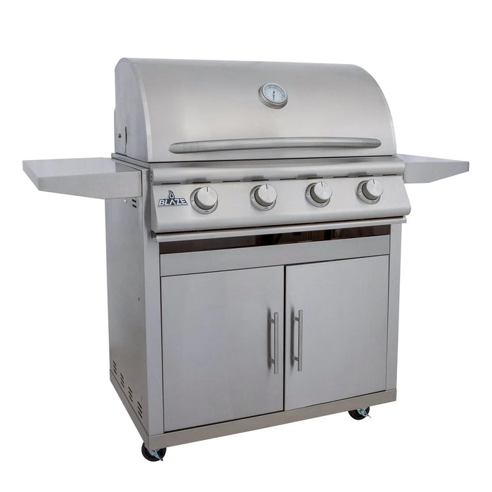 Blaze BCM 32" 4-burner freestanding gas grill on its cart, angled view with the hood closed