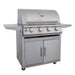 Blaze BCM 32" 4-burner freestanding gas grill on its cart, angled view with the hood closed