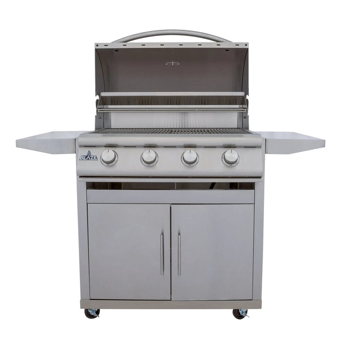 Blaze BCM 32" 4-burner freestanding gas grill on its cart, front view with the hood open