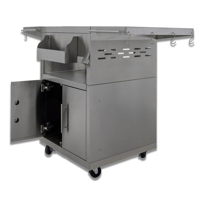 Blaze stainless steel kamado cart with the door open, angled view without the kamado