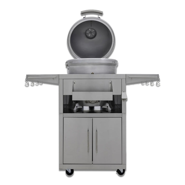 Blaze 20" cast aluminum kamado on the Blaze kamado cart, front view with the lid open
