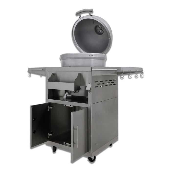 Blaze 20" cast aluminum kamado on the Blaze kamado cart with the lid and cart door open, angled view