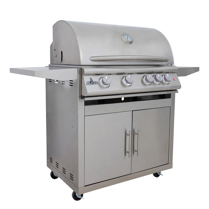 Blaze LTE+ 32" 4-burner freestanding gas grill on its cart, angled view with the hood closed