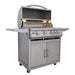 Blaze LTE+ 32" freestanding gas grill on its cart with the hood open and red knob lights on, angled view