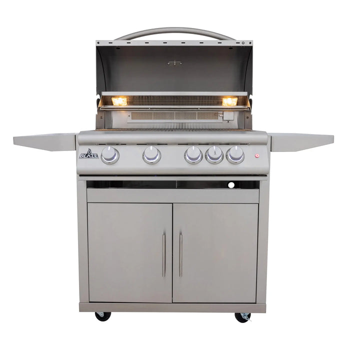 Blaze LTE+ 32" freestanding gas grill on its cart with the hood open and interior lights on, front view