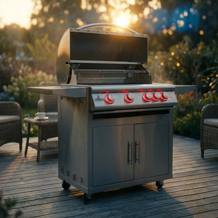 Blaze LTE+ 32" freestanding gas grill on a deck at sunset with the hood open and red knob lights on