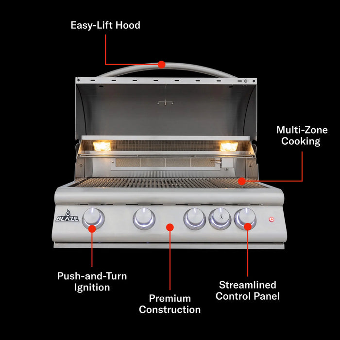 Blaze LTE+ 32" grill features: Easy-Lift Hood, Multi-Zone Cooking, Push-and-Turn Ignition, Streamlined Control Panel