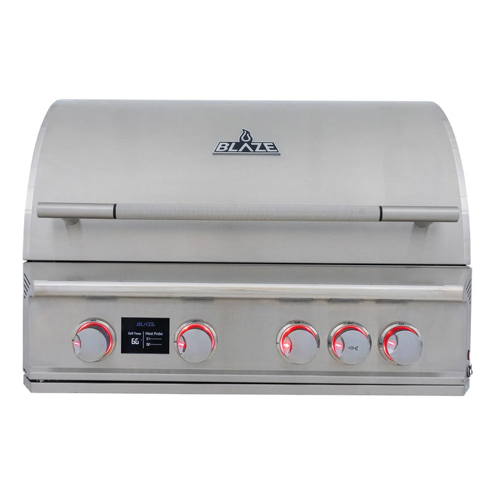 Blaze LTE PRO 32" 4-burner built-in gas grill with digital display, front view with the hood closed and red knob lights on