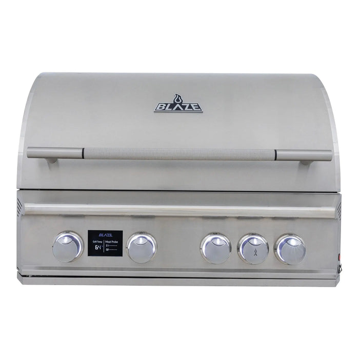 Blaze LTE PRO 32" 4-burner built-in gas grill, front view with the hood closed and white knob lights on