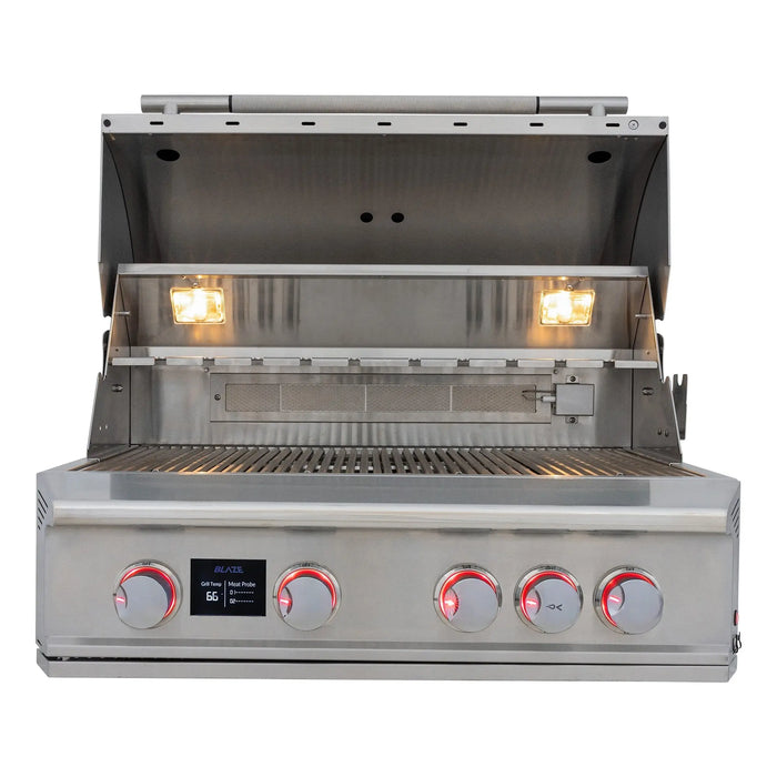 Blaze LTE PRO 32" built-in gas grill with the hood open, interior lights and red knob lights on, front view