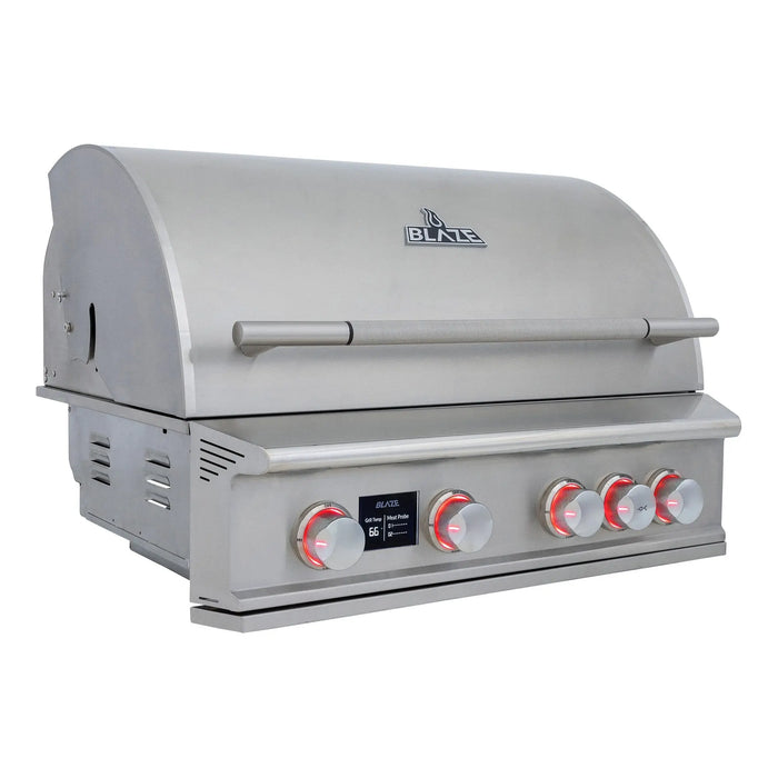 Blaze LTE PRO 32" built-in gas grill, angled view with the hood closed and red knob lights on