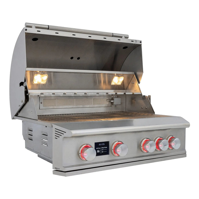 Blaze LTE PRO 32" built-in gas grill with the hood open and red knob lights on, angled view