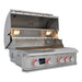 Blaze LTE PRO 32" built-in gas grill with the hood open and red knob lights on, angled view