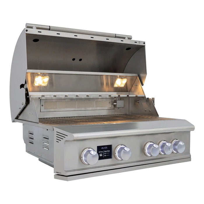 Blaze LTE PRO 32" built-in gas grill with the hood open and white knob lights on, angled view