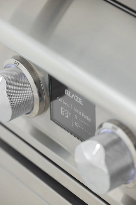 Blaze LTE PRO grill digital display set between two control knobs, close-up
