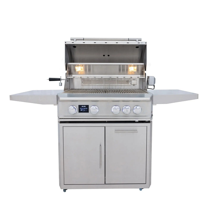Blaze LTE PRO 32" freestanding gas grill on its cart with the hood open and white knob lights on, front view