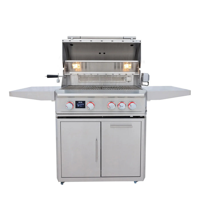 Blaze LTE PRO 32" freestanding gas grill on its cart with the hood open and red knob lights on, front view