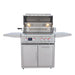 Blaze LTE PRO 32" freestanding gas grill on its cart with the hood open and red knob lights on, front view