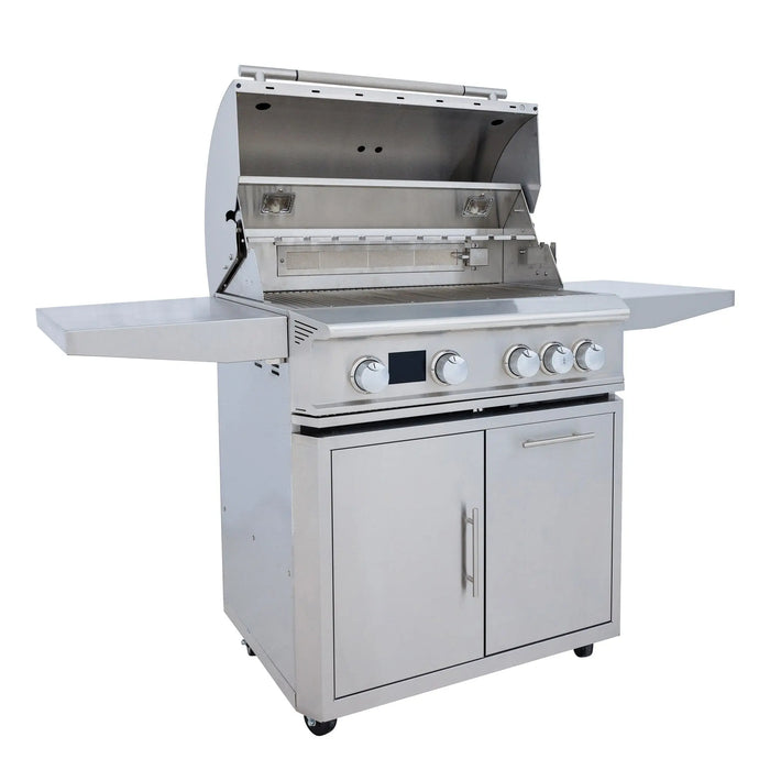 Blaze LTE PRO 32" freestanding gas grill on its cart, angled view with the hood open
