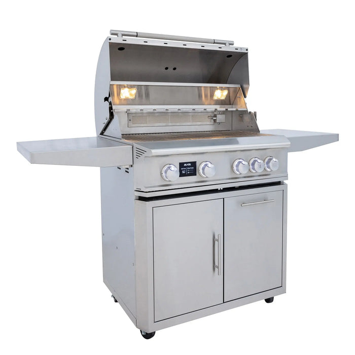 Blaze LTE PRO 32" freestanding gas grill with the hood open and interior lights on, angled view from the left