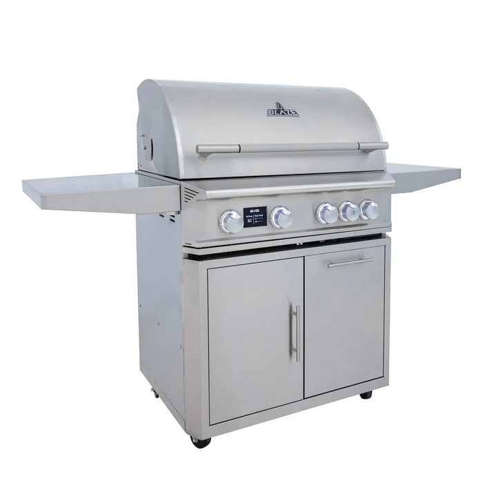 Blaze LTE PRO 32" freestanding gas grill on its cart, angled view with the hood closed