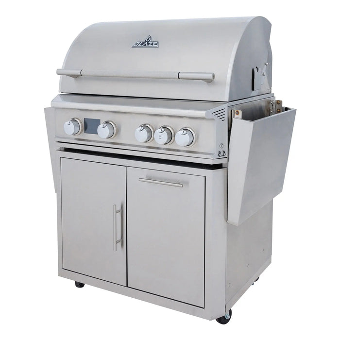Blaze LTE PRO 32" freestanding gas grill with the hood closed and a side shelf folded down, angled view