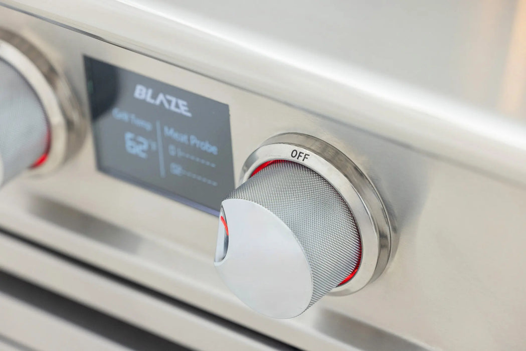 Blaze LTE PRO grill digital display showing grill and meat probe temperatures beside a red-lit knob, close-up