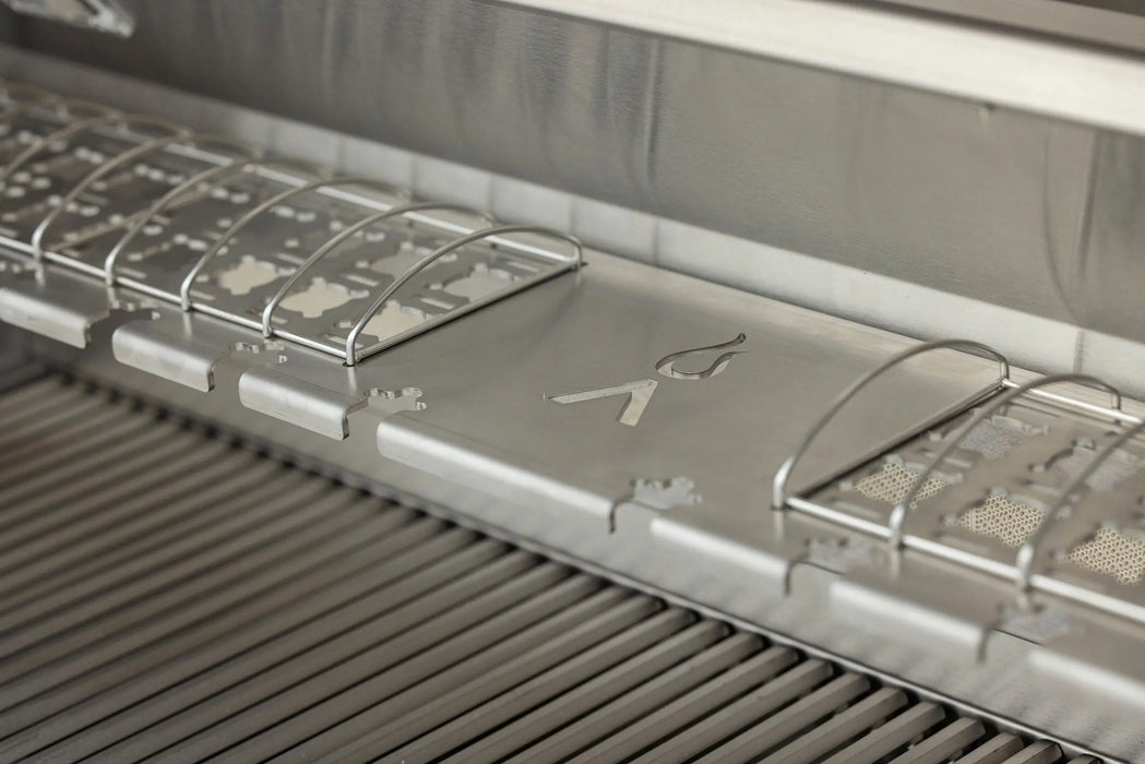 Blaze LTE PRO grill warming rack with shaped wire holders above the cooking grates, close-up