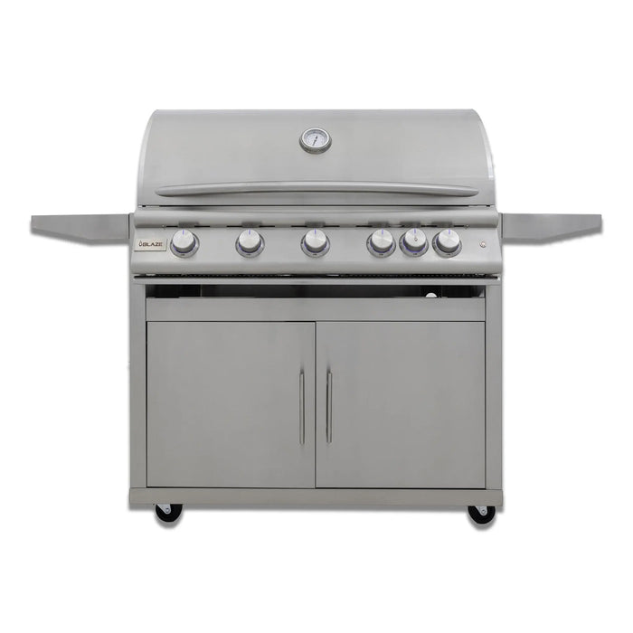 Blaze LTE+ 40" 5-burner freestanding gas grill on its cart, front view with the hood closed