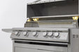 Blaze LTE+ 40" freestanding gas grill with the hood open and interior lights on, angled close-up