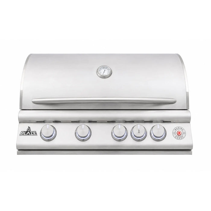 Blaze LTE+ Marine Grade 32" built-in gas grill with the Marine Series badge, front view with the hood closed