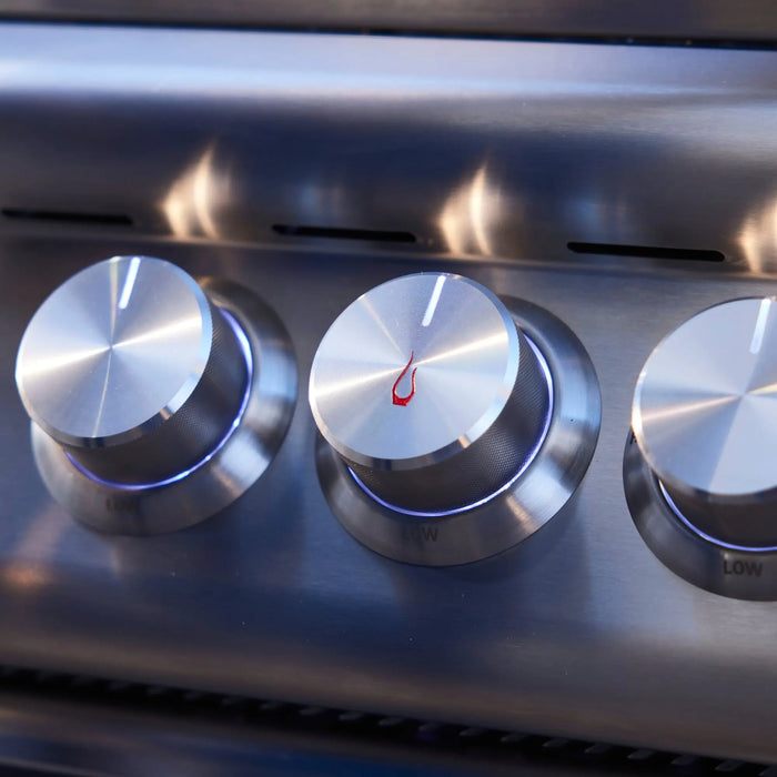 Blaze LTE+ Marine Grade 32" built-in grill control knobs with blue LED rings, close-up