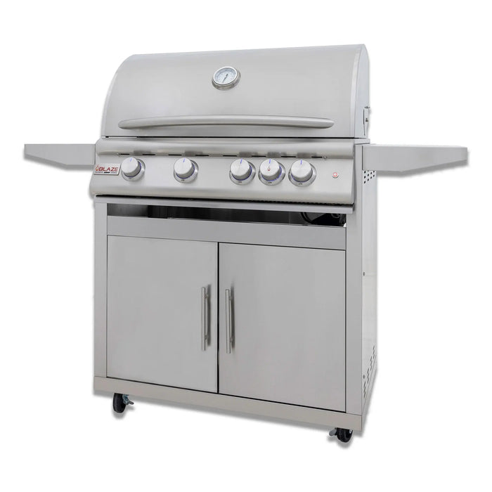 Blaze LTE+ Marine Grade 32" freestanding gas grill on its cart, angled view with the hood closed